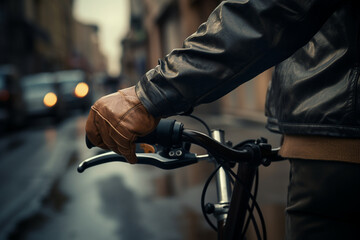 A close-up of the courier's hands firmly gripping the handlebars, guiding the bicycle through the streets 