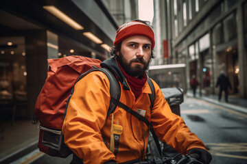 Obraz premium A close-up portrait of the courier on a bicycle, their determined expression reflecting their commitment to timely deliveries 