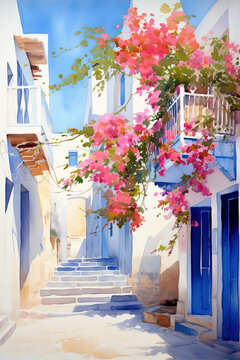 Fototapeta Watercolour depiction of a Greek street in summer. Traditional blue and white architecture of Greece. Digital illustration.