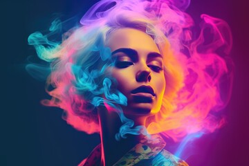 Abstract stylish young woman portrait with neon smoke. Generative AI