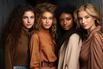 Fototapeta premium A diverse group of beautiful women with natural beauty and glowing smooth skin. Portrait of many attractive female fashion models with great skincare of all races, tones and style