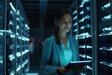 A young woman with a tablet computer stands in the middle of a server room. Collection and storage of large amounts of data. Checks the operation of servers and automation.