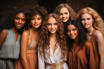 Fototapeta premium A diverse group of beautiful women with natural beauty and glowing smooth skin. Portrait of many attractive female fashion models with great skincare of all races, tones and style