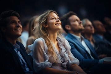 Audience forum listen speaker. Auditorium viewer group business people. Generative AI
