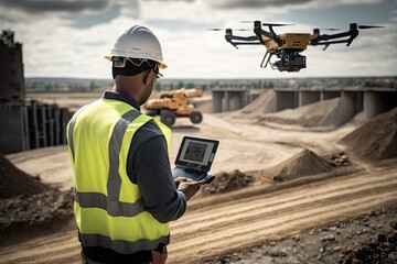 A person controlling a drone to survey a construction site. Generative AI