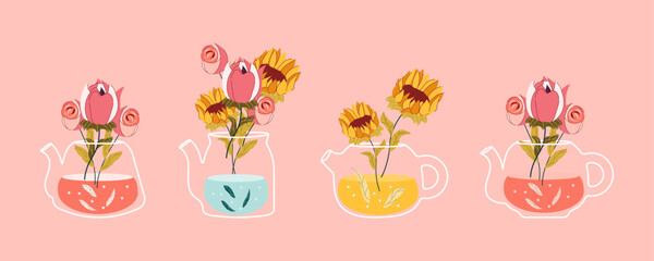 A set of flowers in teapots. Kettle. Plants . Spring print. Banner in modern trendy design. Vector stock illustration. isolated. pink background