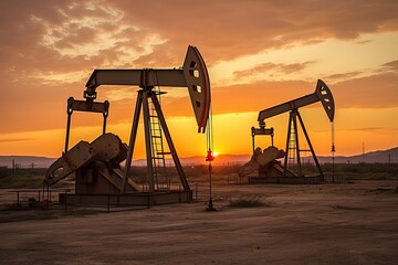 Silhouette oil well beam pump during sunset. Pumpjack silhouettes. - obrazy, fototapety, plakaty