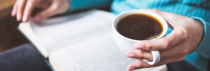 woman hand coffee with book