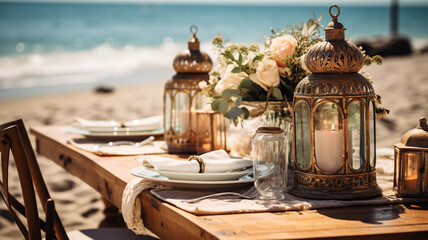 Elegant and select wedding decoration restaurant table on beach bohemian style Wine Glass on the table Soft light and romantic atmosphere dinner service menu guests candle