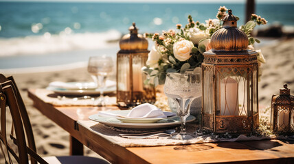 Elegant and select wedding decoration restaurant table on beach bohemian style Wine Glass on the table Soft light and romantic atmosphere dinner service menu guests candle