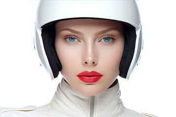 Fashion portrait of a young woman in a white motorcycle helmet. Life insurance concept.