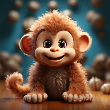 Cartoon character monkey. Positive cheerful 3D illustration monkey. Cute character little monkey 3D illustration isolated. Monkey toy. Generative AI.