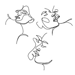 Three couple in love kissing in one line style. Vector illustration