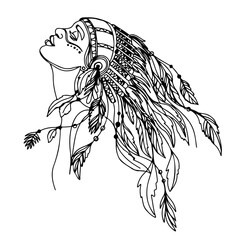 Portrait of a mystical girl with feathers in her hair. Hand drawn. Indian woman. Vector illustration on white background isolated