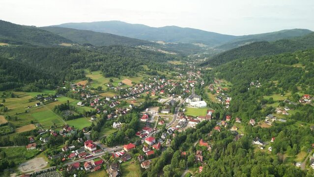 Aerial view of central part of Zawoja village with the Babia G&oacute;ra massif in the background, Lesser Poland, Poland