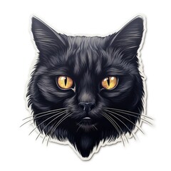 A black cat with yellow eyes on a white background. Digital image.