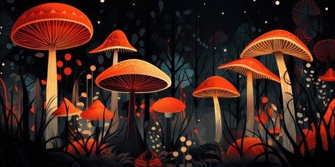 A group of mushrooms in a forest at night. Digital image.