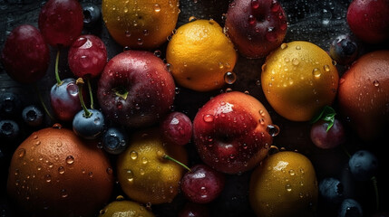 Fototapeta na wymiar Close-up of fresh fruits with water drops on dark background. Healthy food concept