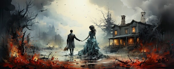 Love and bloody story. Halloween love scene. Illustration for tickets, flyer and advertising.