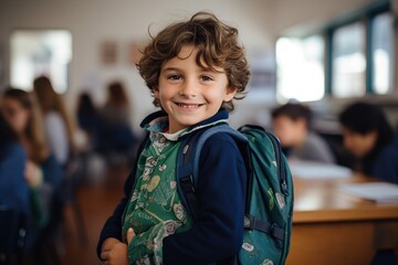 Cheerful Young Boy Holding Backpack in Classroom, Radiating Happiness