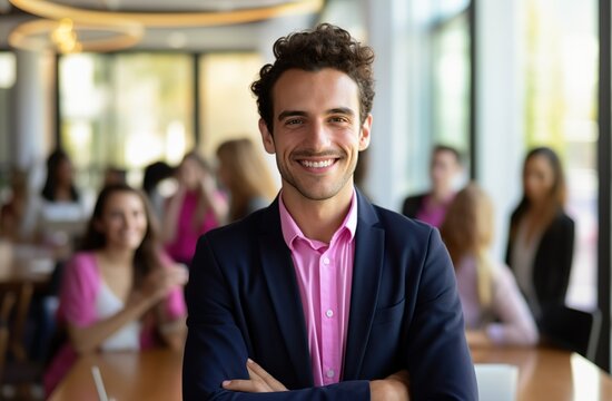 Young Businessman in a suit and pink shirt at the office