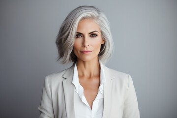 Portrait of mature beautiful woman with grey hairstyle and white top