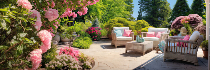 Obraz premium Gorgeous backyard patio with furniture for seating among the natural landscaping