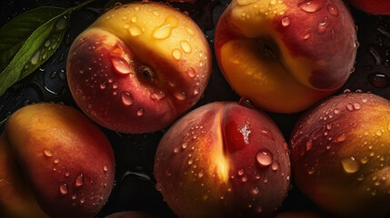 Fototapeta na wymiar Close-up of peaches with water drops on dark background. Fruit wallpaper