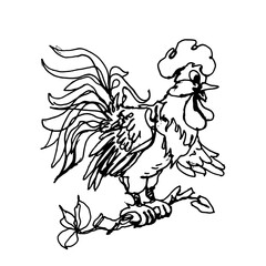 Cartoon rooster hand drawn isolated on white background