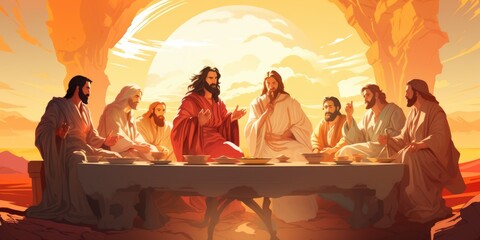 Jesus with his disciples sitting around the table, last supper.