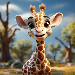 Cartoon character giraffe. Positive cheerful 3D illustration of a giraffe. Cute little giraffe character 3D illustration isolated. Giraffe toy. Generative AI.