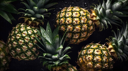 Close-up of pineapples with water drops on dark background. Fruit wallpaper