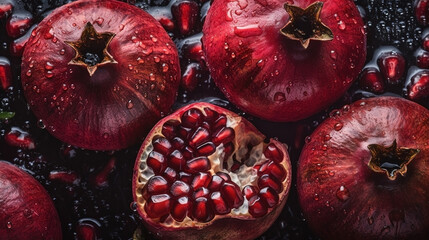 Close-up of pomegranates with water drops on dark background. Fruit wallpaper