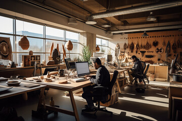 Capture the spirit of local culture in a startup workspace, with regional art, traditional crafts, and indigenous materials, celebrating the community's heritage.