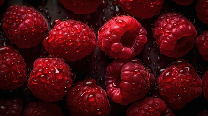 Close-up of raspberries with water drops on dark background. Fruit wallpaper