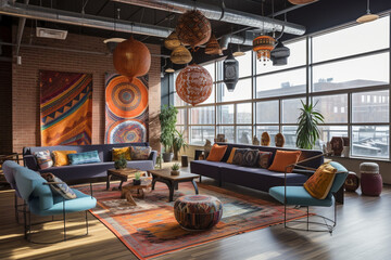 Design a startup office inspired by global cultures, with diverse textures, patterned textiles, and ethnic art pieces, fostering a multicultural and inclusive environment." 