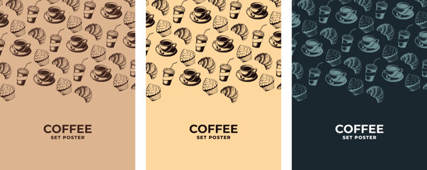 Coffee design poster set. Poster template on the theme of coffee. Coffee pattern, coffee tones, design elements, vector drawing.