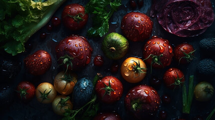 Fototapeta na wymiar Close-up of fresh vegetables with water drops on dark background. Healthy food concept