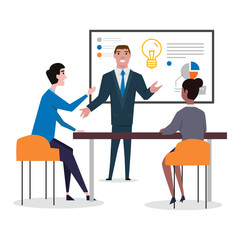 Business meeting. Presentation of the project. Man speaks before his colleagues. Flat vector illustration isolated on white background