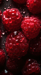 Close-up of raspberries with water drops on dark background. Fruit wallpaper