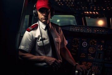 Portrait of captain pilot of a passenger plane inside the cabin
