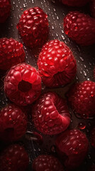 Close-up of raspberries with water drops on dark background. Fruit wallpaper