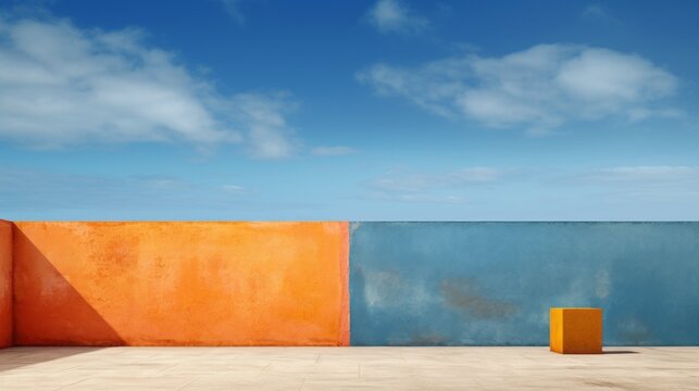 Wallpaper for desktop, background, exterior low wall, orange and blue wall, copy space, yellow cube, blue sky, Rothko style
