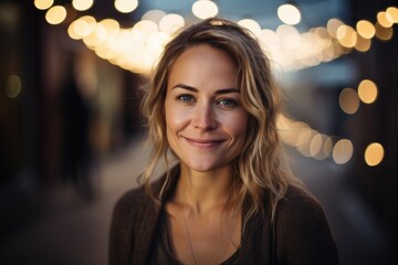 Young happy pretty smiling woman, happy confident positive female entrepreneur standing outdoor on street arms crossed, looking at camera