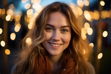Fototapeta premium Young happy pretty smiling woman, happy confident positive female entrepreneur standing outdoor on street arms crossed, looking at camera