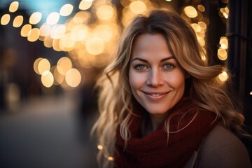 Fototapeta premium Young happy pretty smiling woman, happy confident positive female entrepreneur standing outdoor on street arms crossed, looking at camera