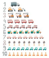 Set of posters with cute cars, numbers and alphabet.