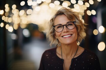 Young happy pretty smiling woman, happy confident positive female entrepreneur standing outdoor on street arms crossed, looking at camera