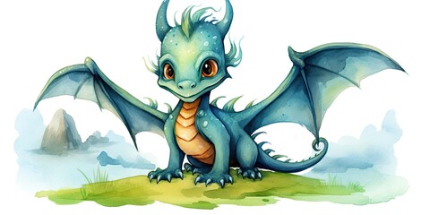 Naklejka premium AI Generated. AI Generative. Cute funny kid character dragon watercolor drawing paint. Chinese New Year symbol. Can be used like poster or home decoration canvas.