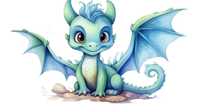 AI Generated. AI Generative. Cute funny kid character dragon watercolor drawing paint. Chinese New Year symbol. Can be used like poster or home decoration canvas.